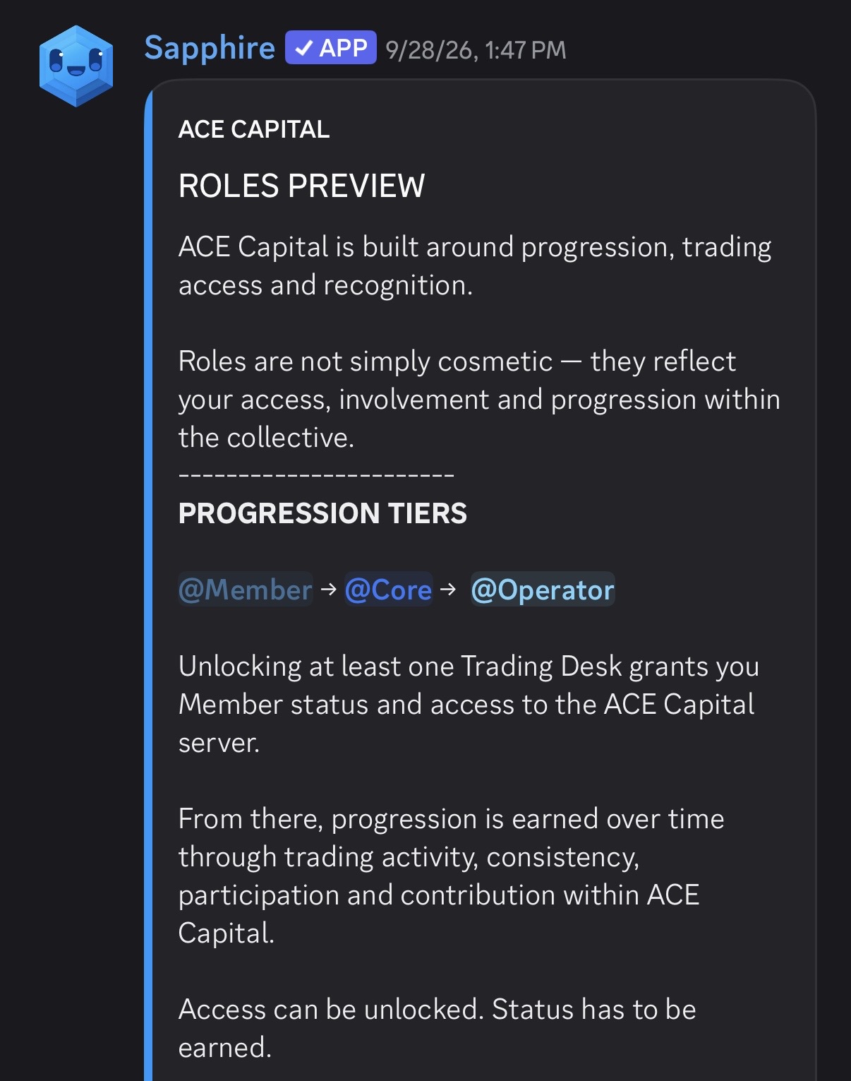 Ace Capital roles preview: Member, Core and Operator progression tiers
